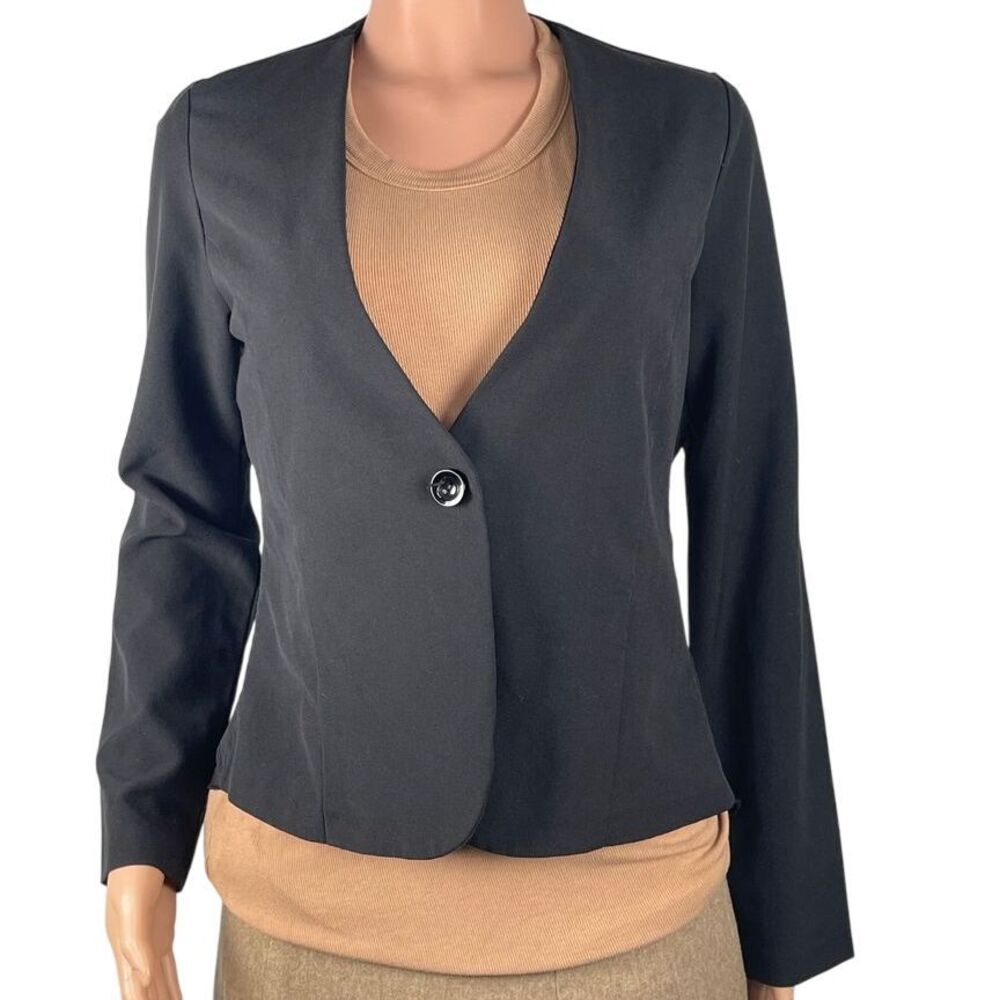 Top 10 USA women's black blazer‎ SZ S/M, illusion see-through back, bell sleeves